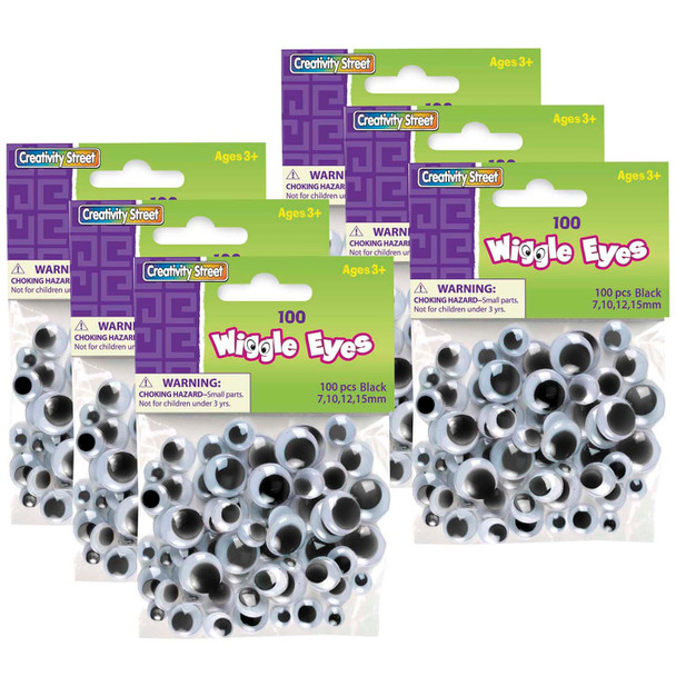 Wiggle Eyes, Black, Assorted Sizes, 100 Pieces Per Pack, 6 Packs