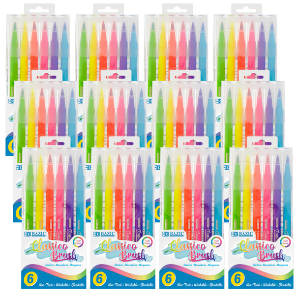 Washable Brush Markers, Fluorescent Colors, 6 Per Pack, 12 Packs