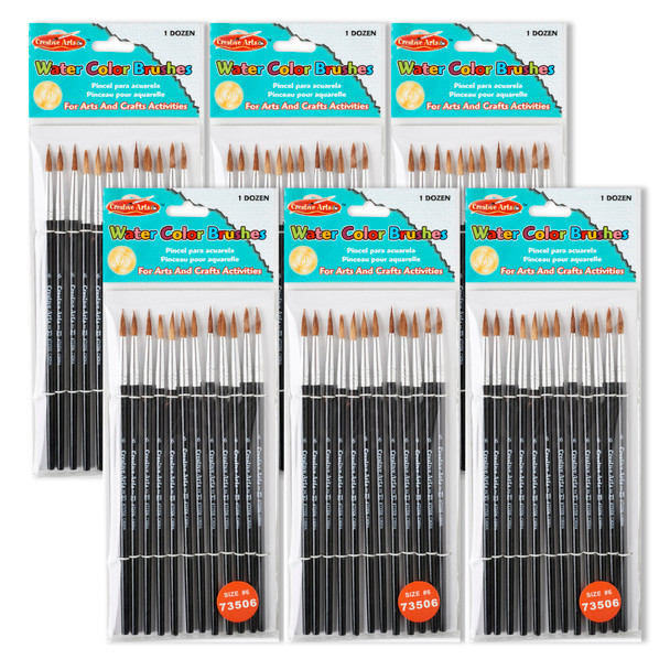 Water Color Paint Brushes with Round Pointed Tip, # 6, 11/16", Camel Hair, Black Handle, 12 Per Pack, 6 Packs