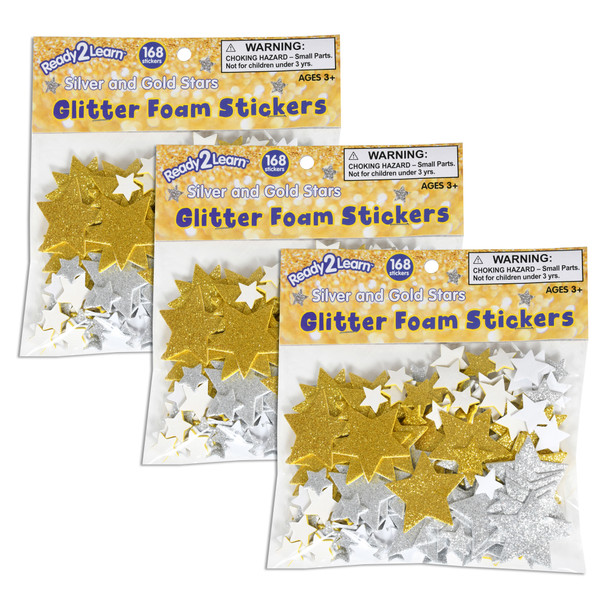 Glitter Foam Stickers - Stars - Silver and Gold, 168 Per Pack, 3 Packs