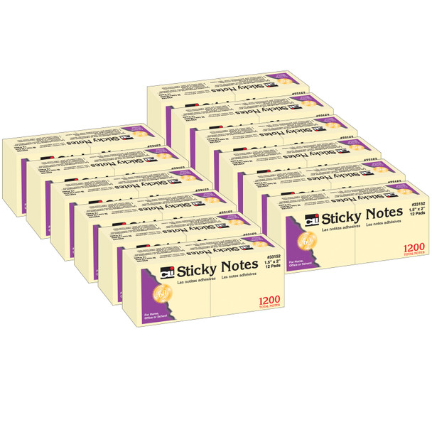 Sticky Notes, 1 1/2" x 2", Plain, 100 Sheets/Pad, 12 Pads/Pack, 12 Packs