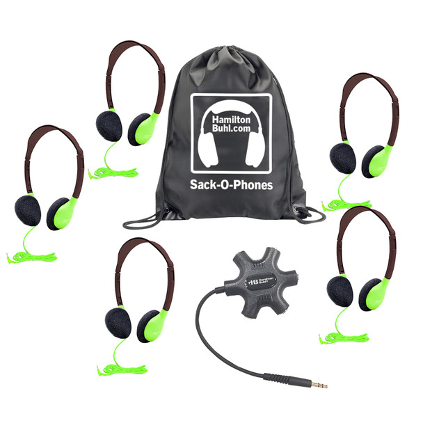 Galaxy Econo-Line of Sack-O-Phones with 5 Green Personal-Sized Headphones, Starfish Jackbox and Carry Bag