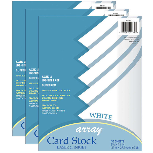 Card Stock, White, 8-1/2" x 11", 40 Sheets Per Pack, 3 Packs