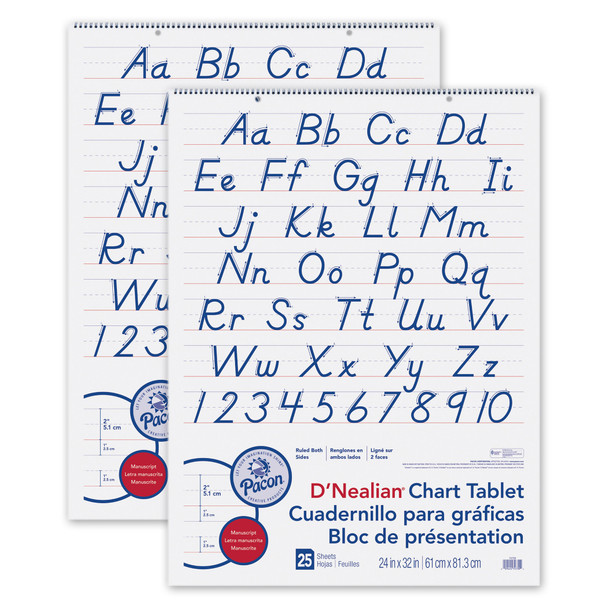 D'Nealian Chart Tablet, Manuscript Cover, 2" Ruled 24" x 32", 25 Sheets, Pack of 2