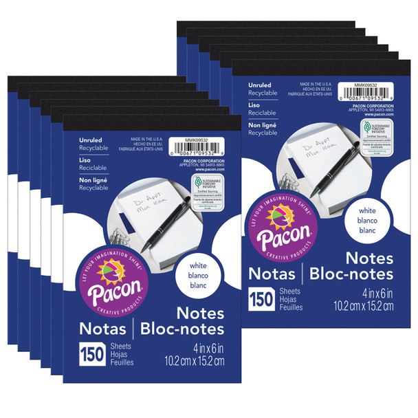 Unruled Note Pad, White, 4" x 6", 150 Sheets Per Pad, Pack of 12