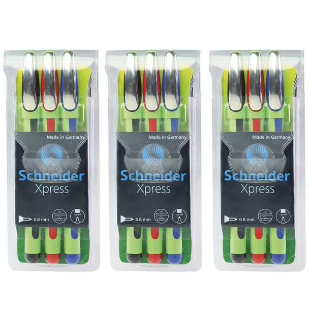 Xpress Fineliner Pen, Fiber Tip, 0.8 mm, 3 Colors Per Pack, 3 Packs