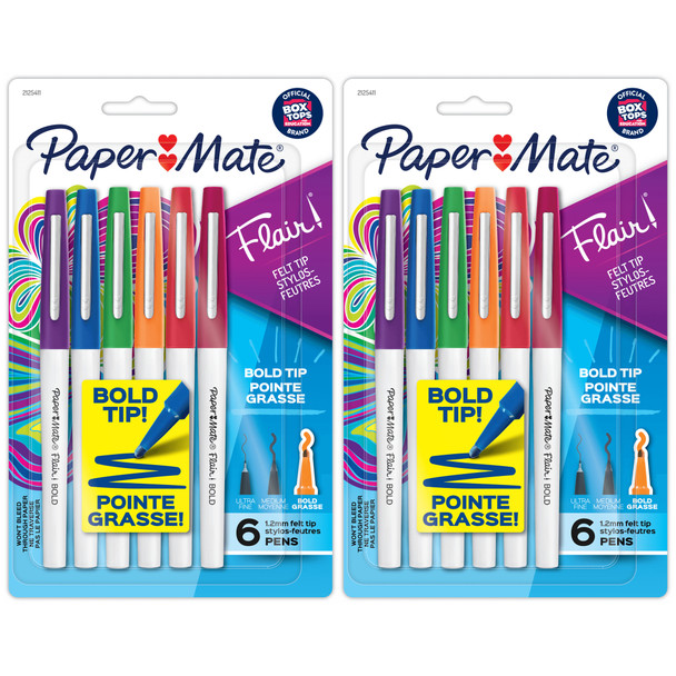 Flair Felt Tip Pens, Bold Tip (1.2 mm), Assorted Colors, 6 Per Pack, 2 Packs