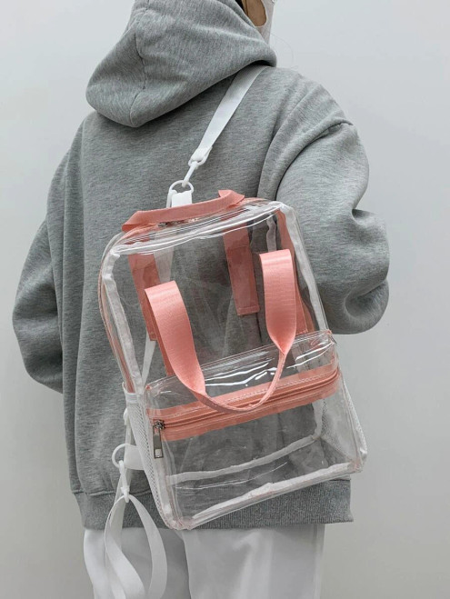 Clear backpack with green straps