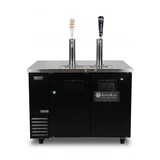 Black 48-inch two-door commercial kegerator on casters with two single-faucet draft towers and a stainless steel top