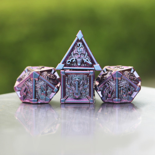 blue purple skull metal dice set