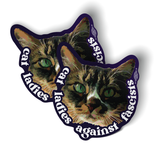 Two stickers with text Cat Ladies Against Fascists around a picture of a tabby cat Two stickers with text Cat Ladies Against Fascists around a picture of a tabby cat