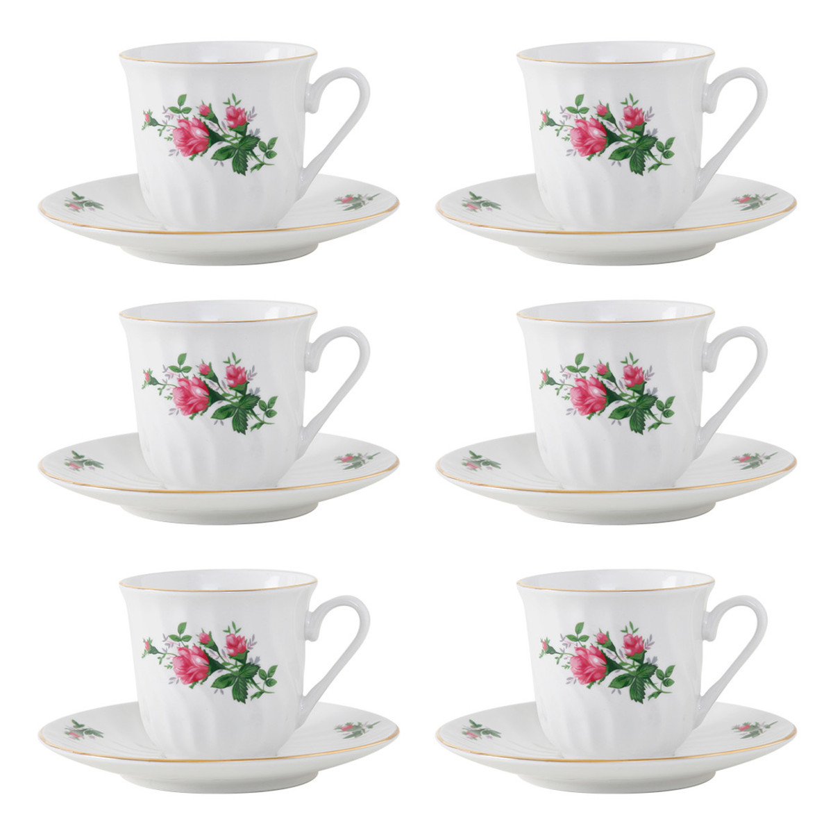 Set 6 Porcelain Coffee Cups with Saucer Fancy Rose 90ml