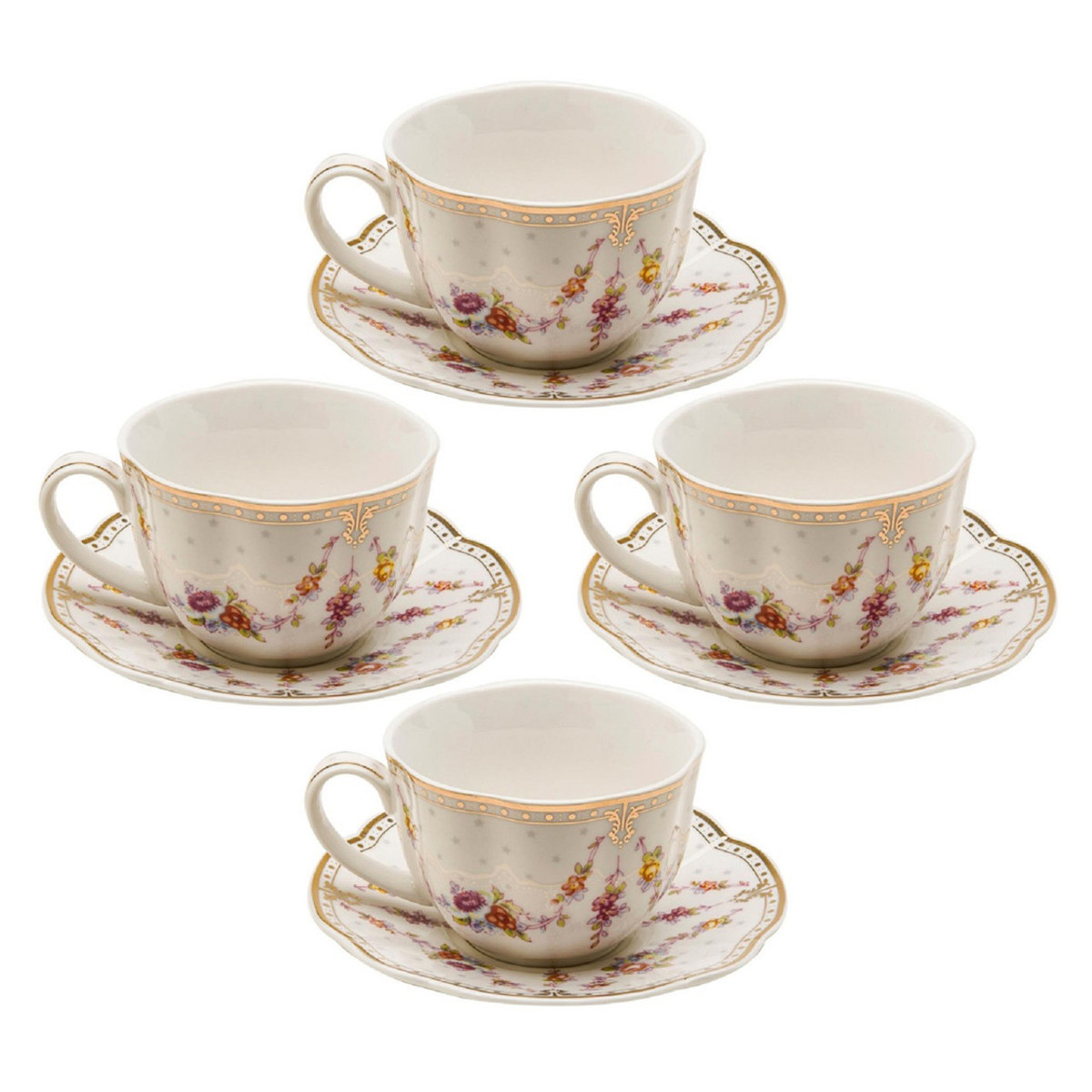 Rose Swag Tea Cups and Saucers, Set of 4