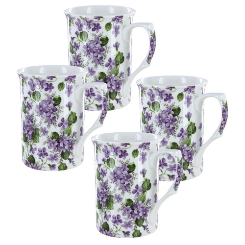 Purple Pansy Bone China Trumpet Mug - 11oz - Set of 4