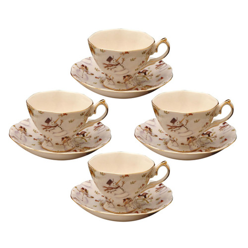 Snowman Porcelain Teacup and Saucer - Set of 4