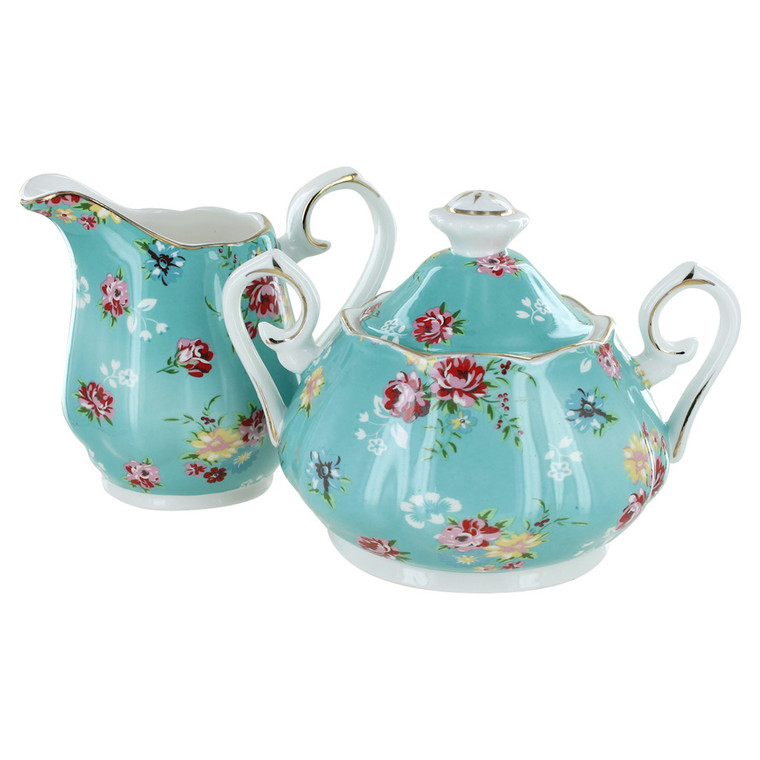 Shabby Rose Turquoise Porcelain - Sugar and Creamer Set