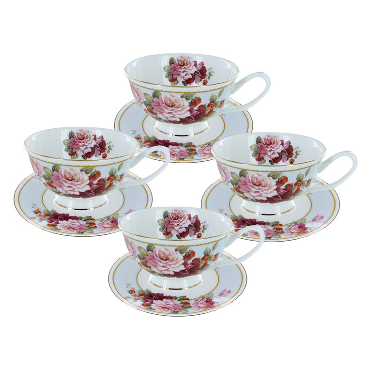 Peony and Strawberry Blue Bone China - Tea Cup and Saucer Set of 4