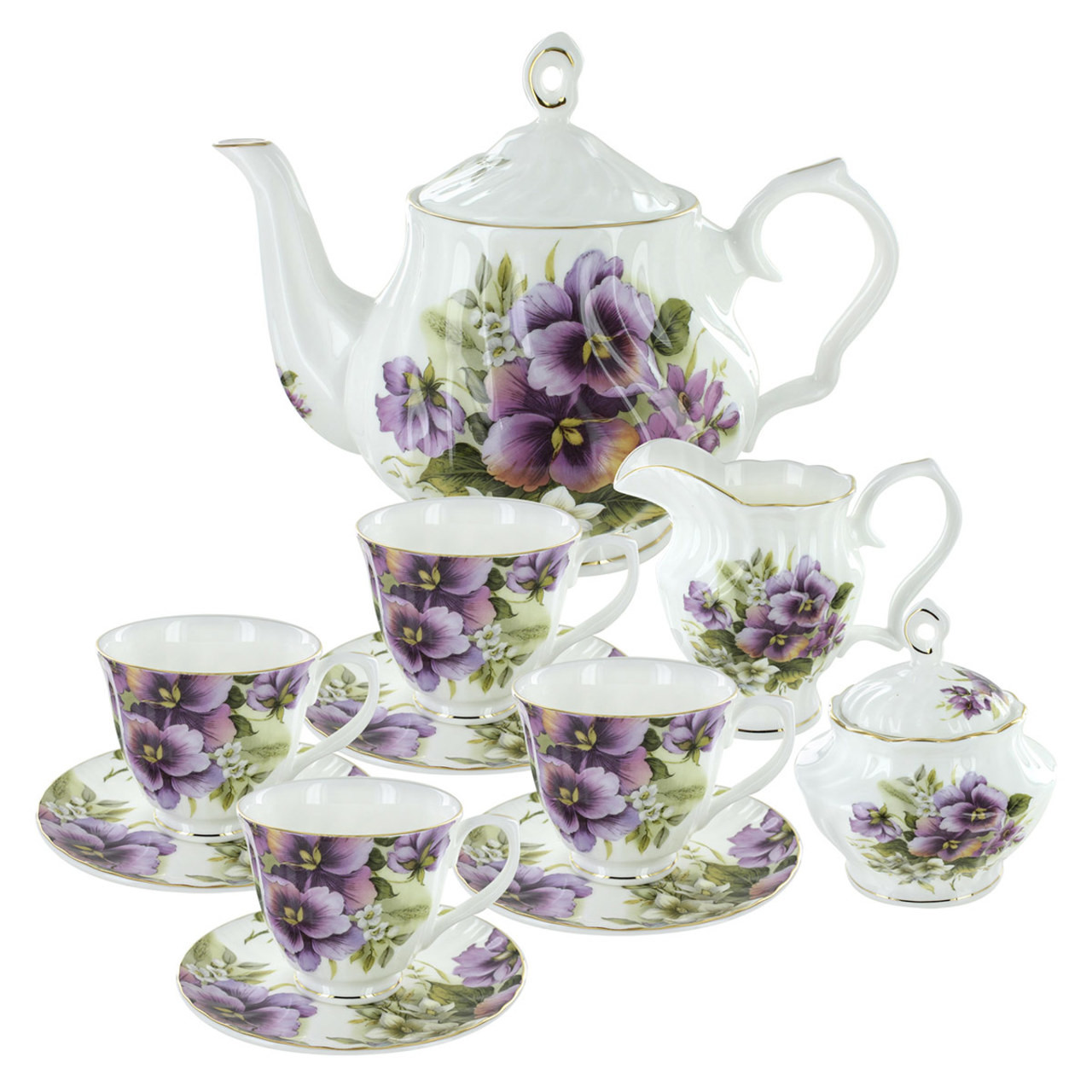 Image of Purple Pansy Bone China Tea Set Bundle