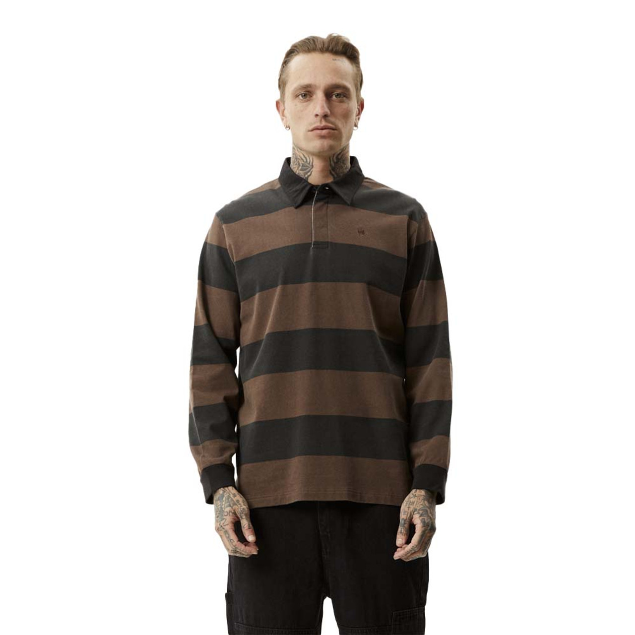 AFENDS Nation Long Sleeve Polo T-Shirt Coffee Stripe