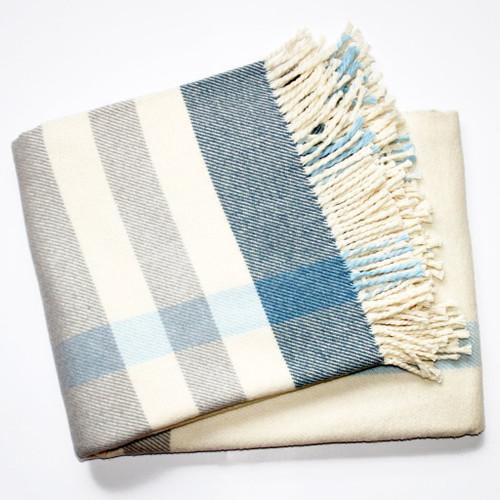 Large Plaid Throw Blanket 55 x 70 in Cream/Blue