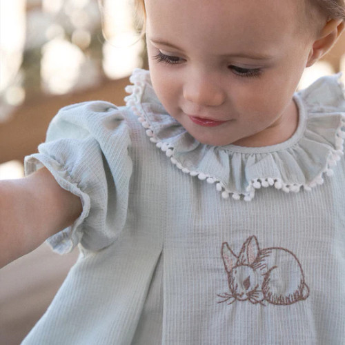 EB Pale Blue Embroidered Bunny Easter Dress