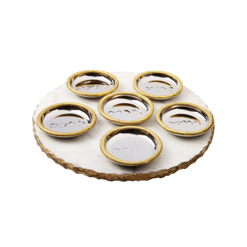 White Marble Seder Tray with Gold Rim