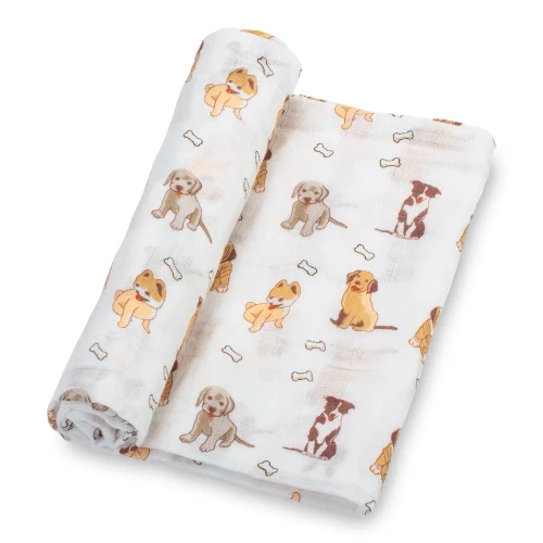 LollyBanks Baby Muslin Swaddle 47x47 Blanket - Puppies