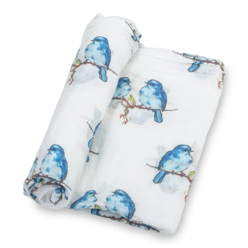 LollyBanks Baby Muslin Swaddle 47x47 Blanket - BLUE BIRD