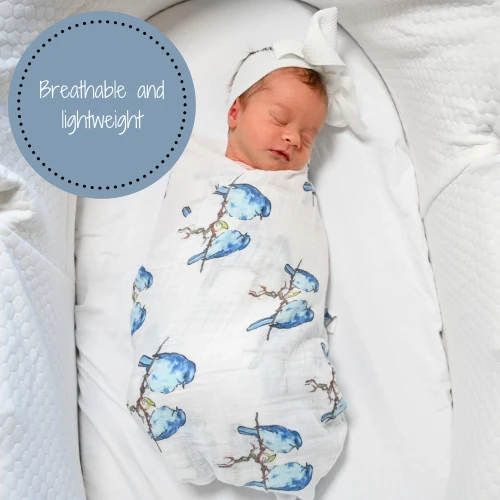 LollyBanks Baby Muslin Swaddle 47x47 Blanket - BLUE BIRD