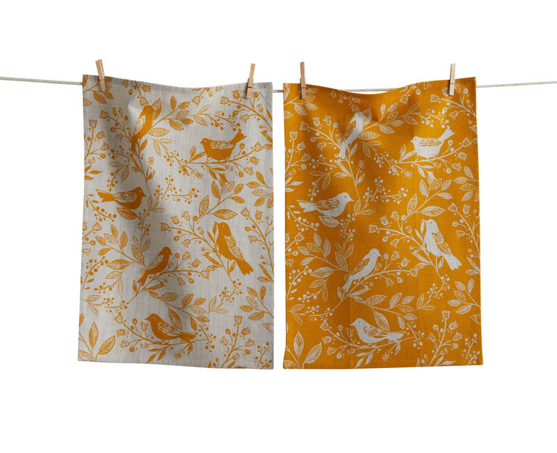 Canyon Print Birds & Vines Dish Towel Set 2 Ochre