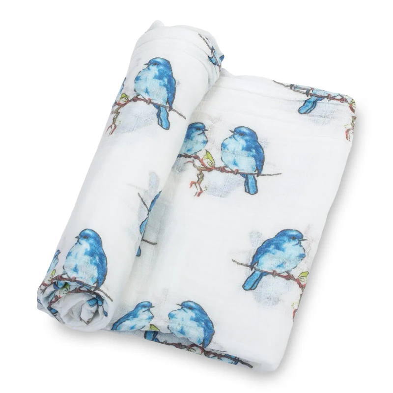 LollyBanks Baby Muslin Swaddle 47x47 Blanket - BLUE BIRD
