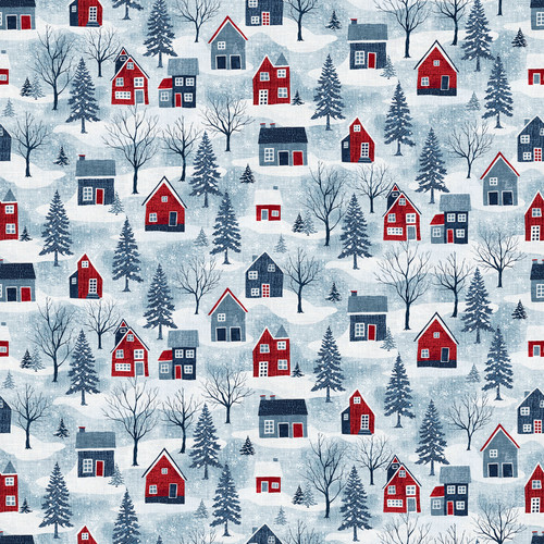 VILLAGE FOLK (Flannel) - Large Houses - Light Blue Multi