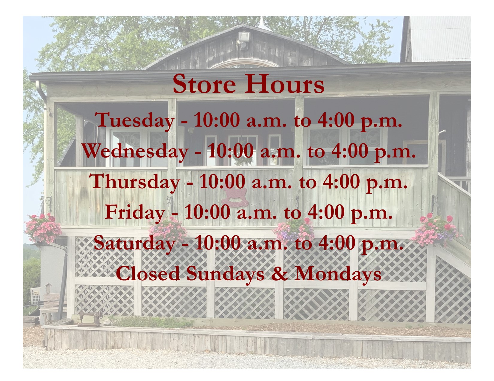 Regular Hours of Operation The Hobby Horse Quilt Shoppe