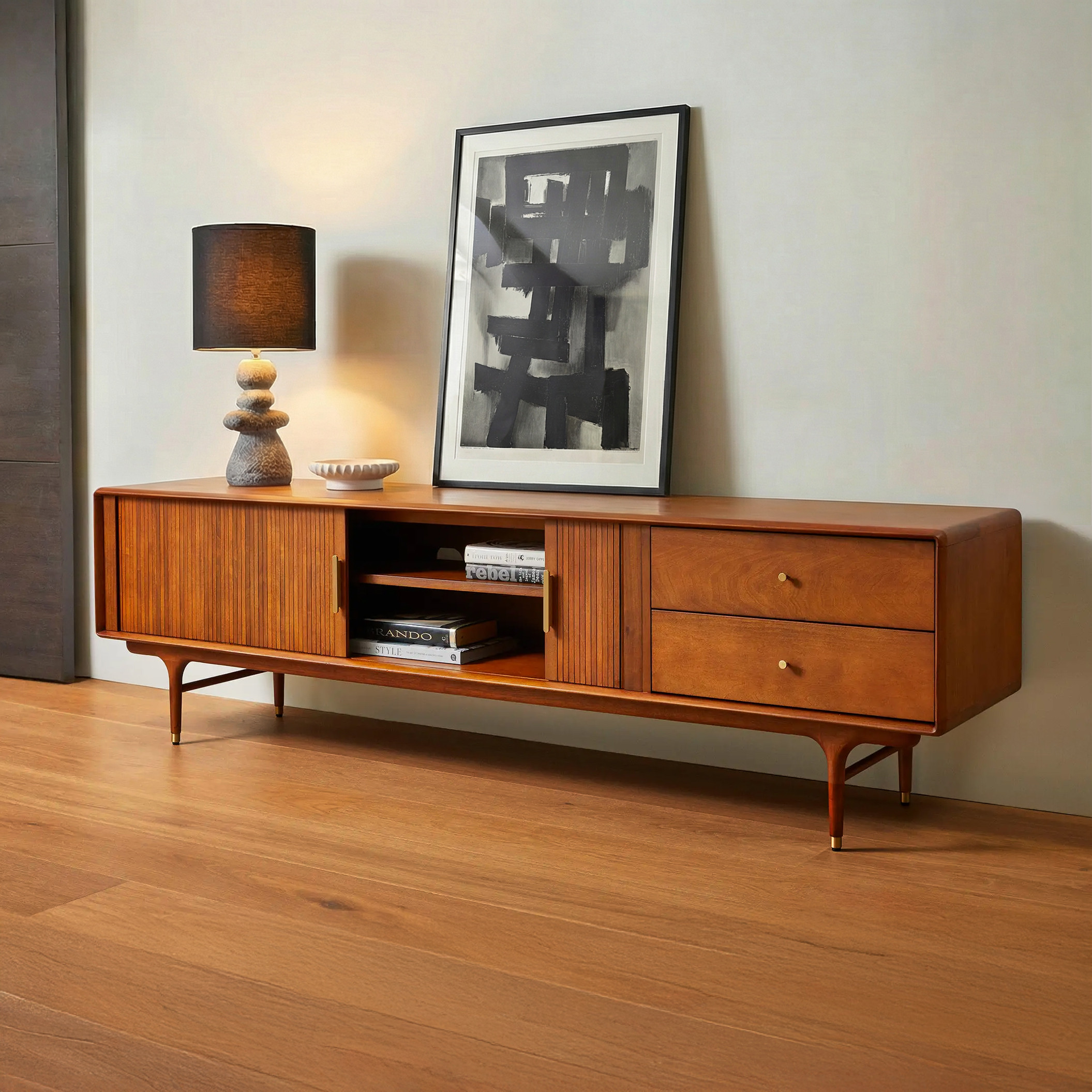 a wooden desk with a picture on it
