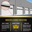 A row of four closed commercial garage door that show the Xcluder X2 Rodent Proof Garage Door Seal  installed. Below is text that reads "Industry-Leading Protection" with a shield with the words "Secure for residential & commercial garages"