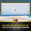 A closed residential garage door with the text "Keeps mice, rats, and other pests out. Trusted by pest professionals worldwide"