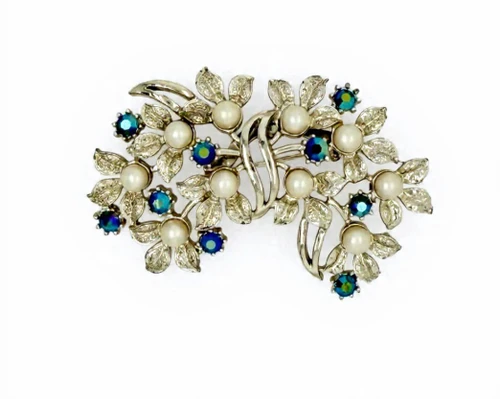 Vintage 50's Pearl & Aqua Floral Brooch