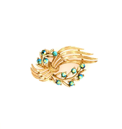 Vintage 50's LISNER Gold & Aqua Rhinestone Brooch