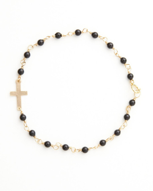 14KT Gold Filled Mama Side Cross Bracelet in Onyx Pearls