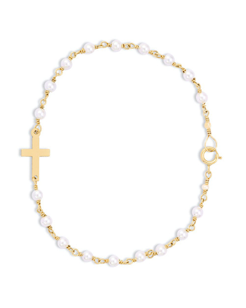 14KT Gold Filled Mama Side Cross Bracelet in White Pearls