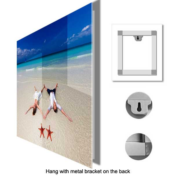 Acrylic print mounting example with a metal bracket and keyhole hanging point on the back