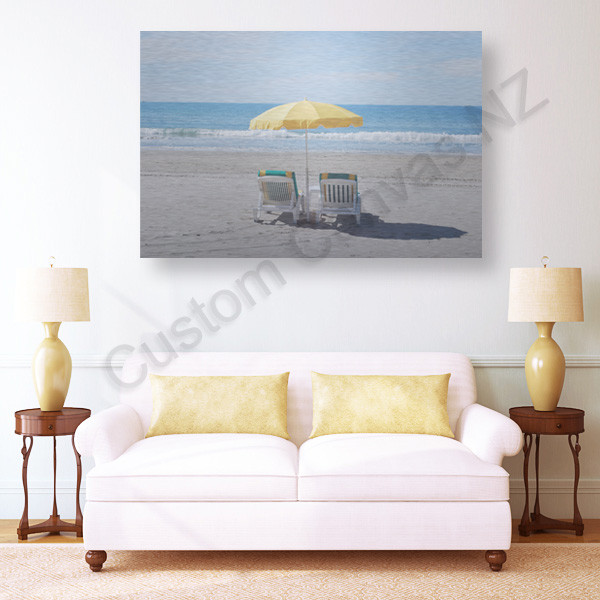 Example brushed aluminium beach print displayed above a white sofa