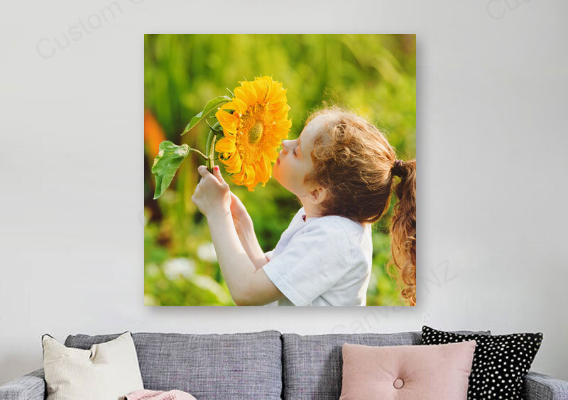 Custom canvas product hanging on living room wall