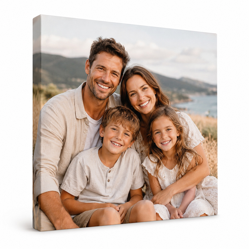Personalised family photo canvas print on a white background