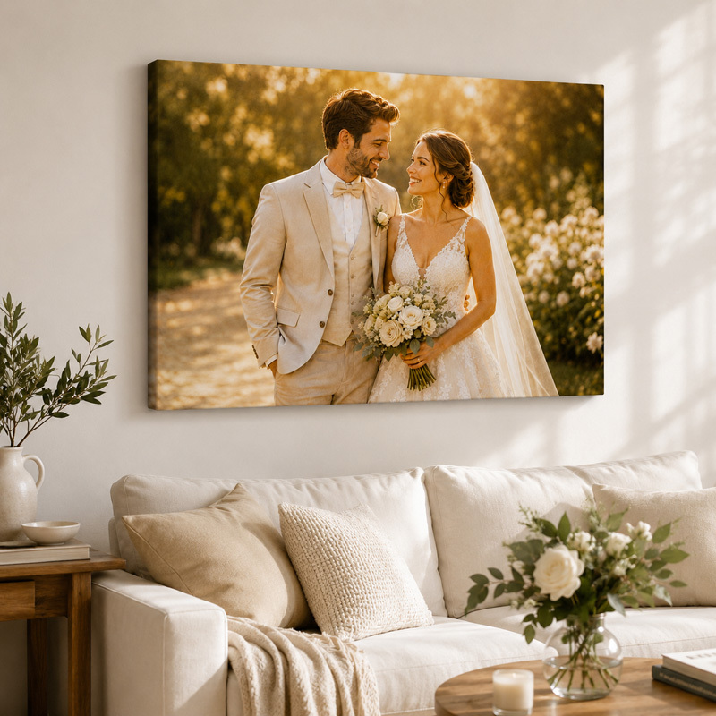Wedding photo canvas displayed on the wall above a sofa