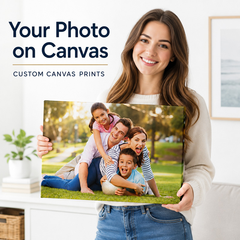 Woman holding a personalised family photo canvas print