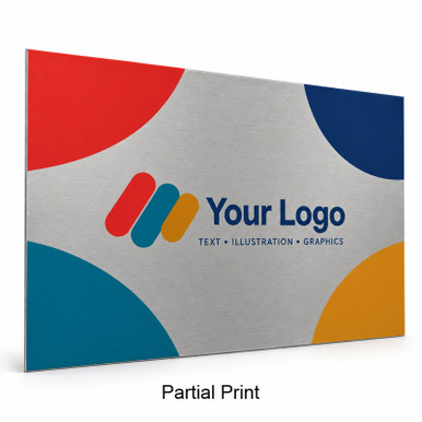 Partial logo and text printing with silver brushed aluminium visible around the design