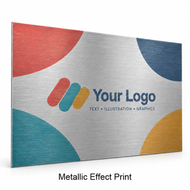 Metallic-effect logo printing with aluminium grain visible through the colours