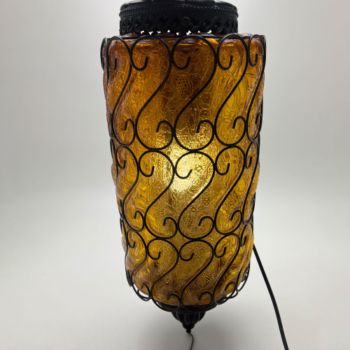 MCM Crackle Amber Hanging Chain Swag Lamp 1960s-70s Hollywood Regency