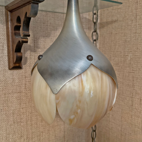 Vintage MCM Caramel Tulip Slag Glass Swag Lamp Hanging